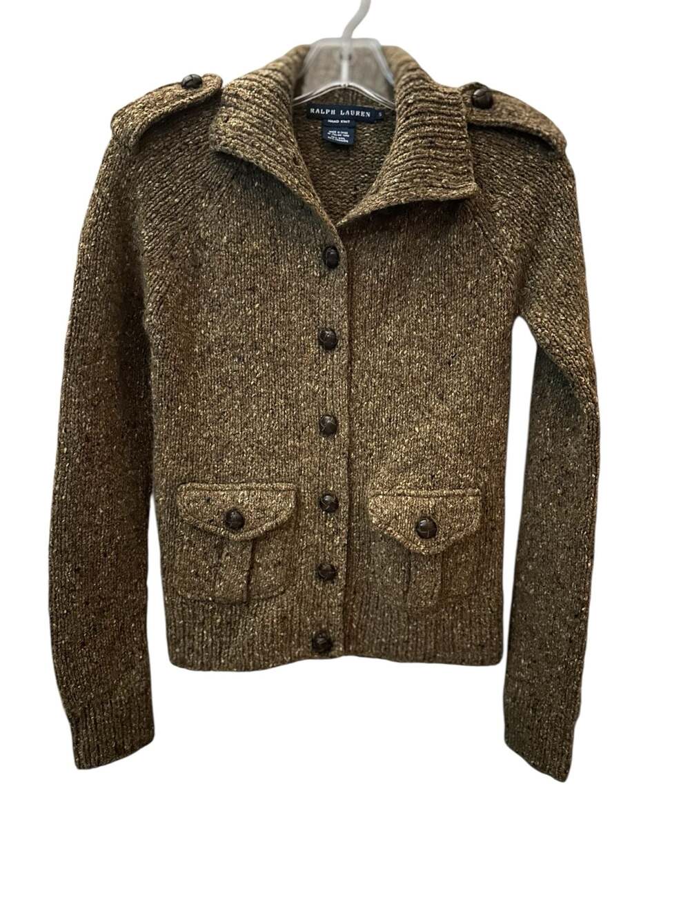 Vintage Ralph Lauren Hand Knit Wool Cashmere Tweed Cardigan Jacket with Epaulets